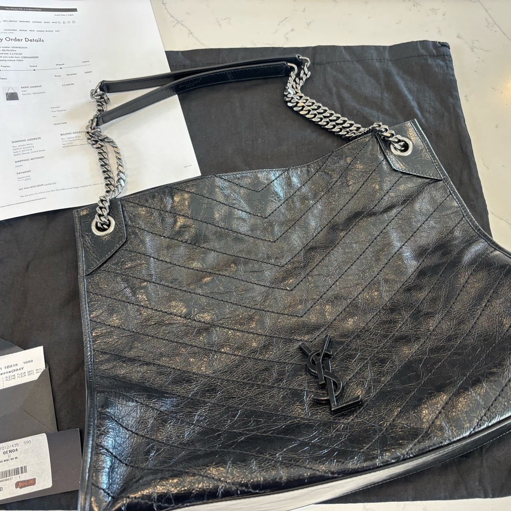 Saint Laurent YSL Niki Large Shopper Black Chevron Shoulder Bag 2024 w/Receipt